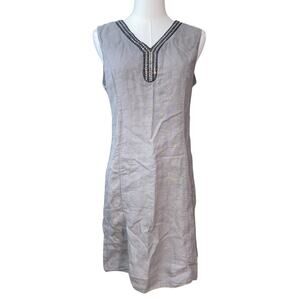 Lina Tomei Sleeveless V Neck Jeweled Linen Dress Gray Womens Small